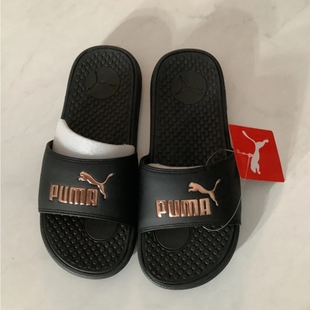 Puma Black and Gold Slide Sandals